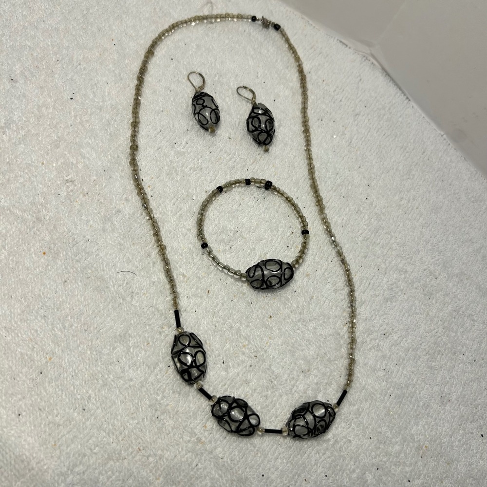 Artisan Silver Black Swirl Cage Bead Jewelry Set Necklace Bracelet Earrings